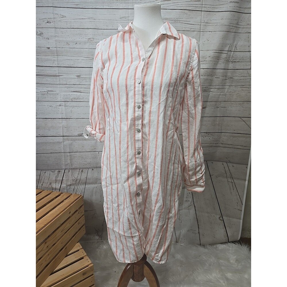 Chico's Tunic‎ Blouse Size 0 (4) Linen No Iron Vertical Stripes Coastal Roll Tab
